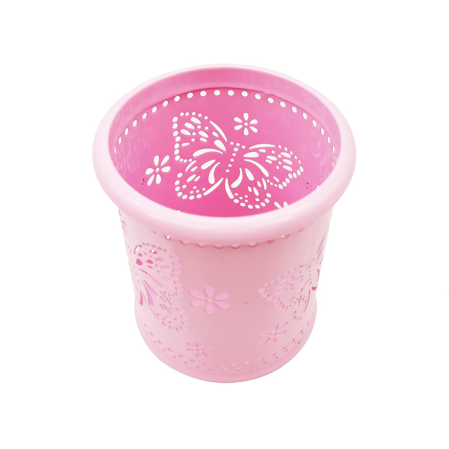 High quality pink round shape custom logo creative multifunction desktop mobile office pen holder metal container pencil holder